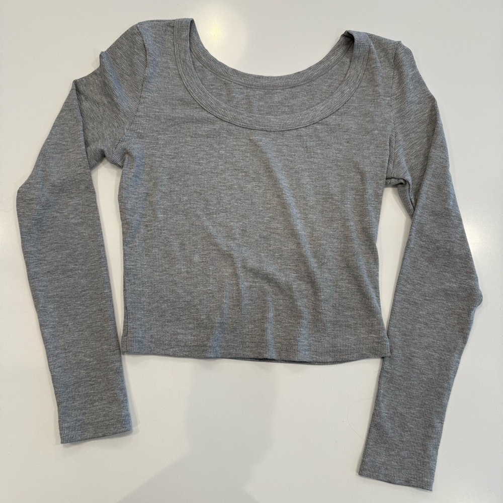Basic Gray Women’s Ribbed Crop Top Long Sleeve SZ Small